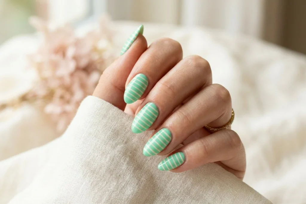 Mint and Cream Stripes Nail