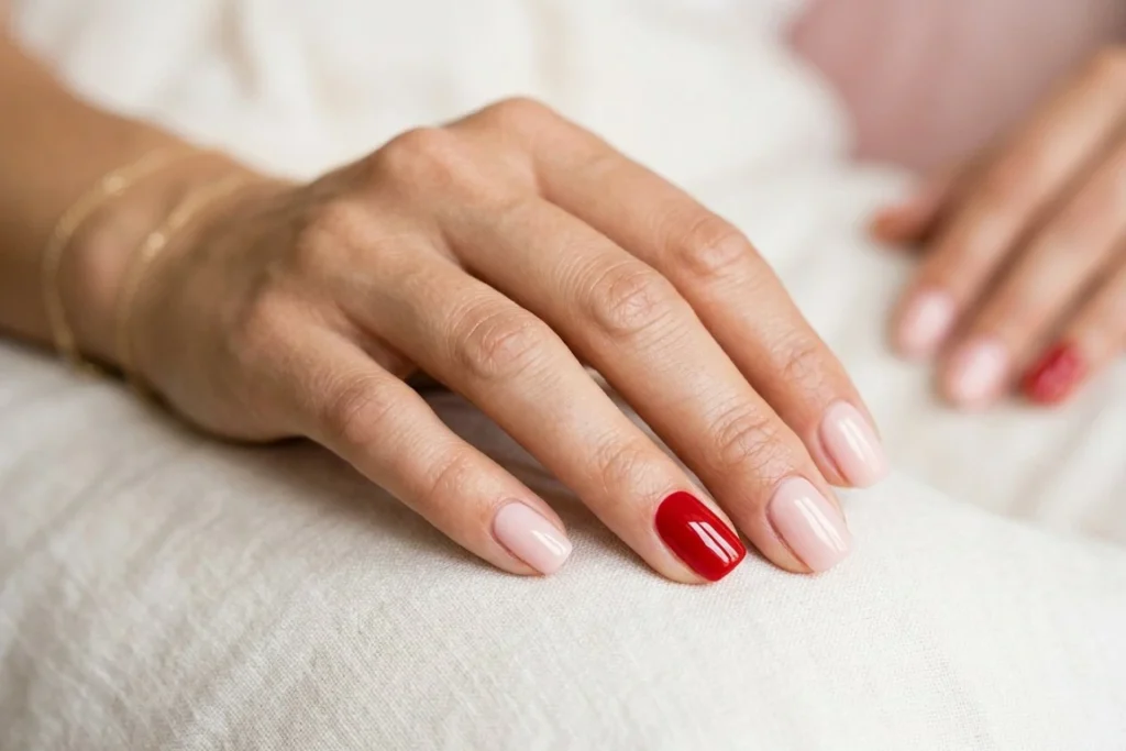 Red and Pink Color Block Nails