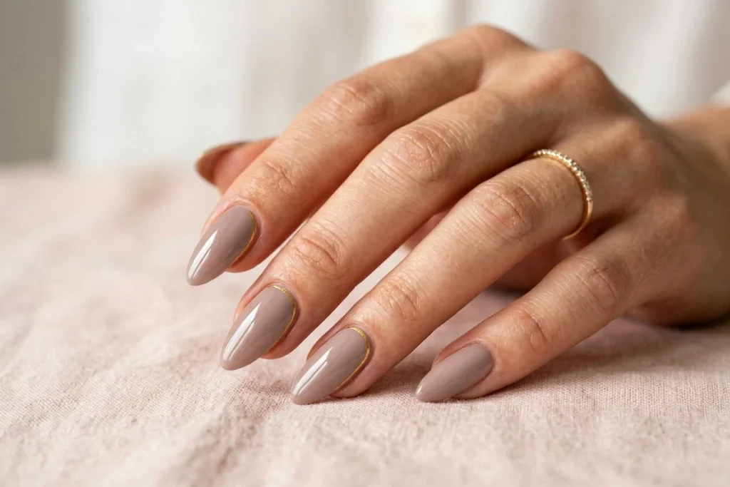 Taupe with Gold Line nails