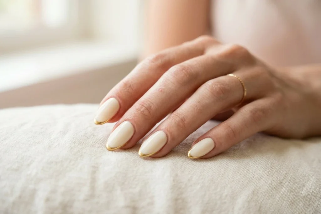 Cream Nails with Gold Edge