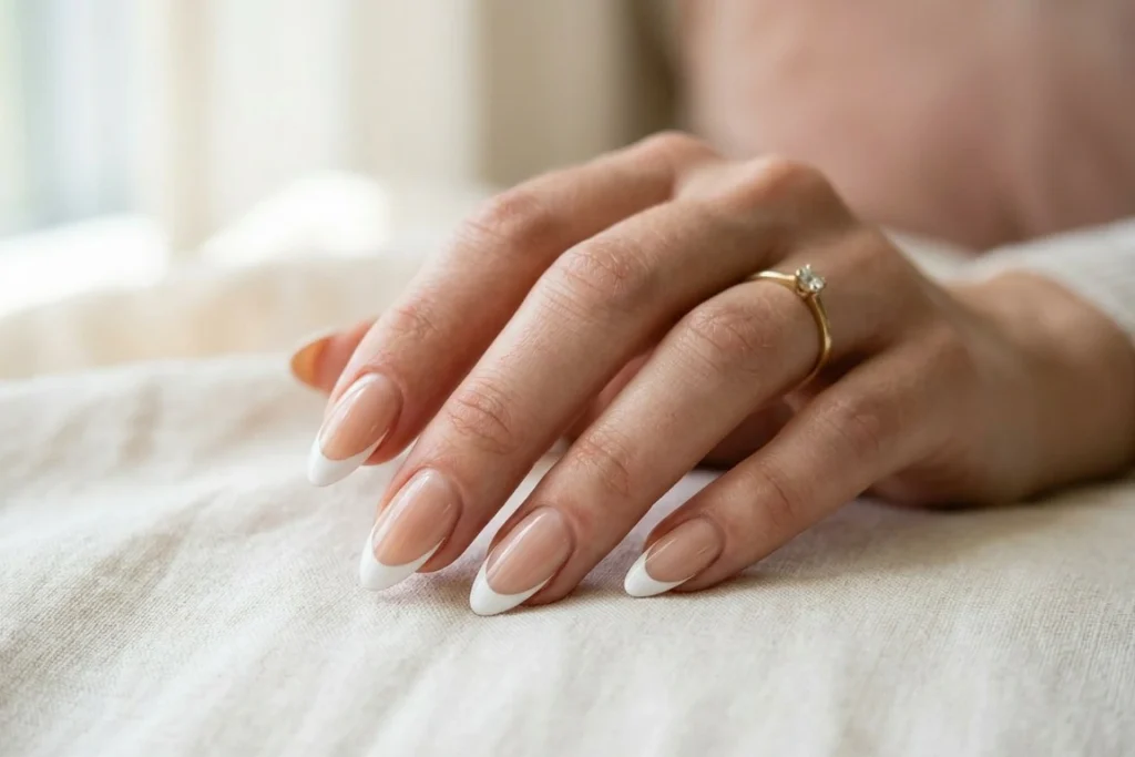 Classic White French Almond nails
