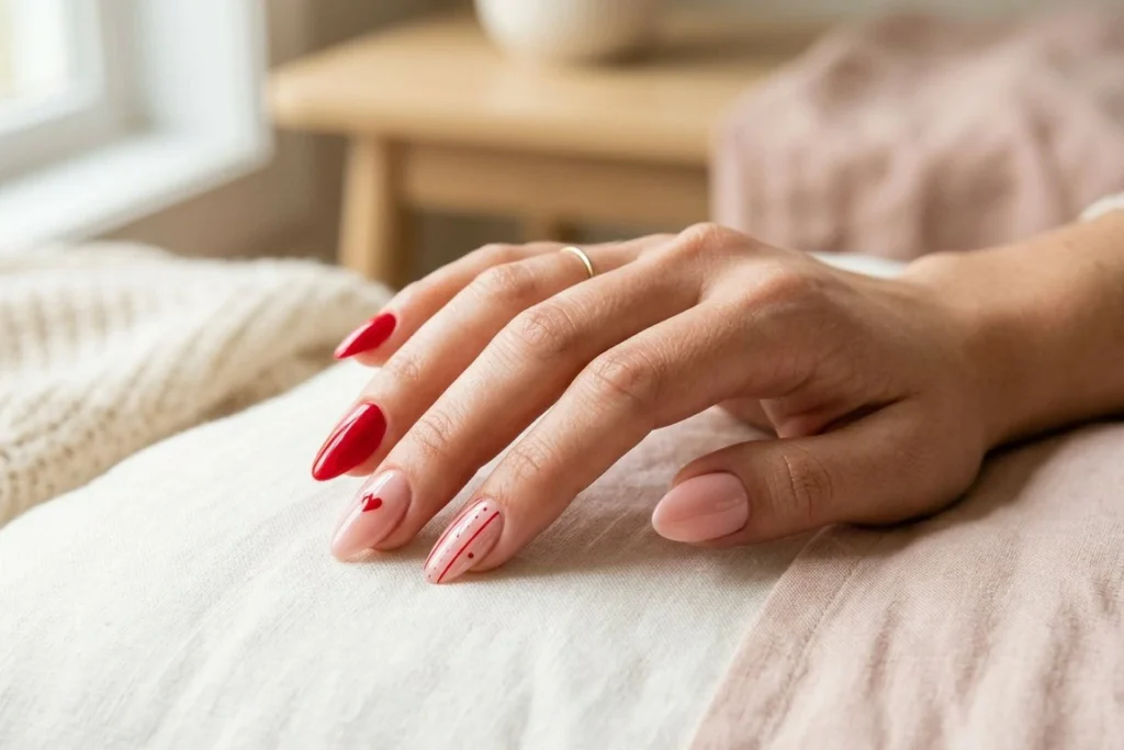 Almond Pink and Red Nails
