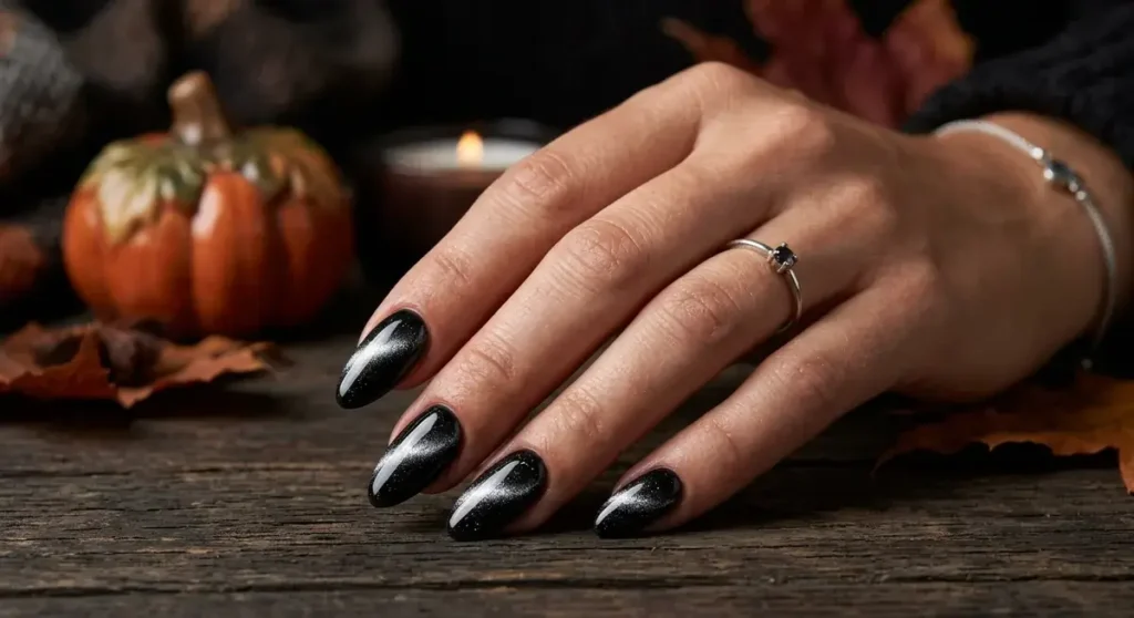 black cat eye nails for Halloween with a silver magnetic stripe