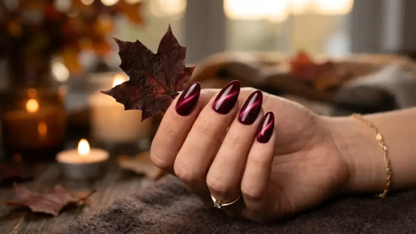 1. burgundy cat eye nails on almond shaped nails with a glowing magnetic line
