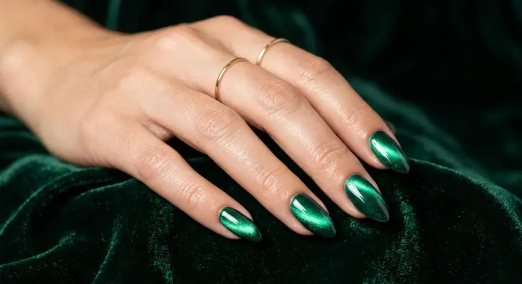 emerald green cat eye nails with magnetic shimmer