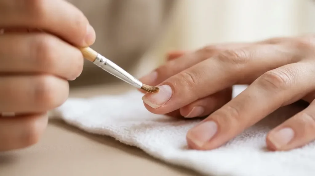 applying nail dehydrator to a natural nail with a brush