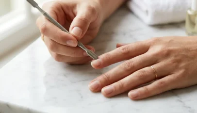 hands preparing natural nails before gel polish application