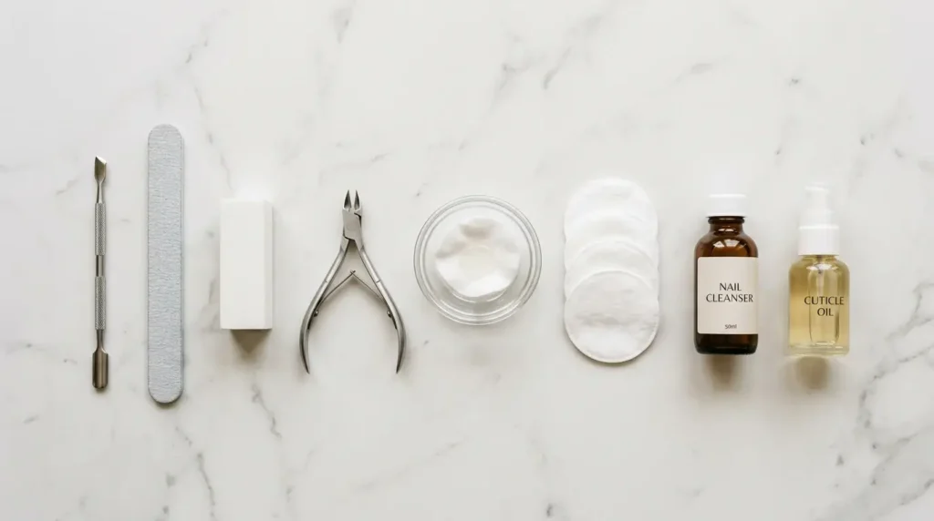 nail prep tools including cuticle pusher file and buffer